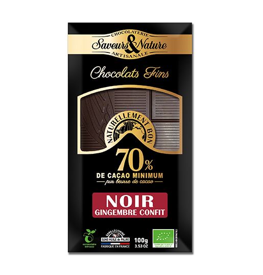 Tablette Chocolat Noir 70%  au Gingembre Confit 100g